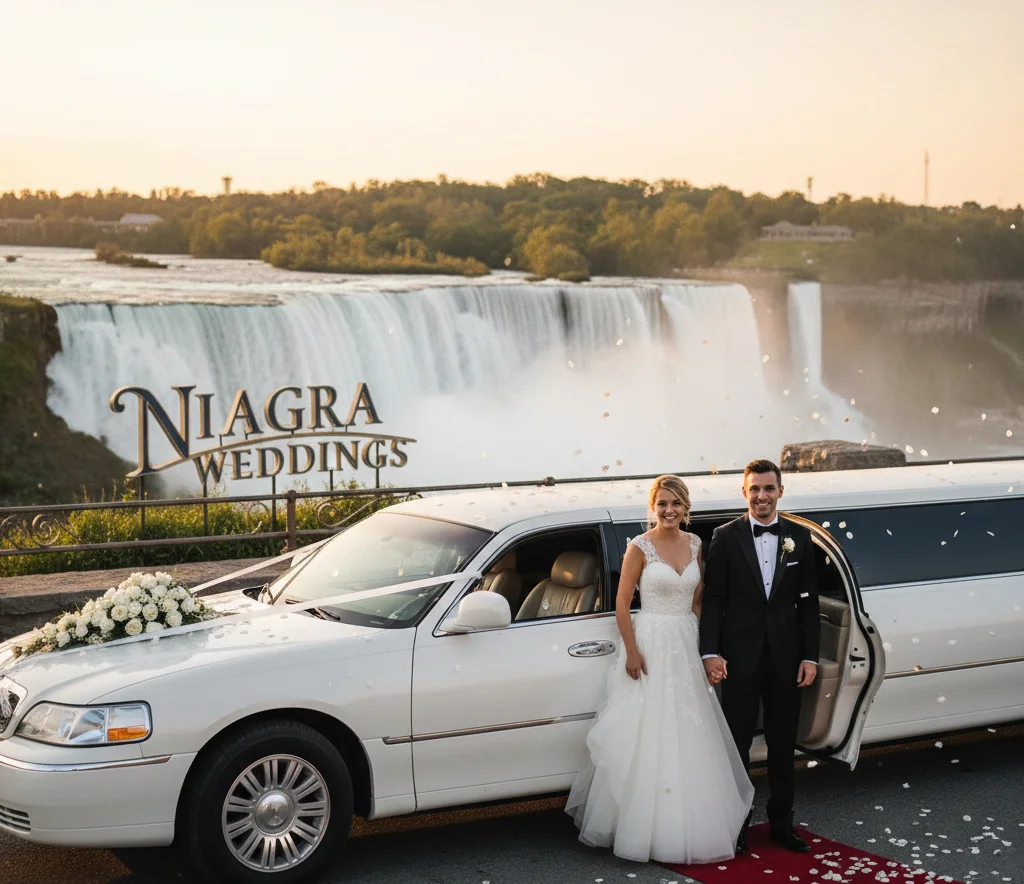Bride and groom beside a white stretch limousine near Niagara Falls