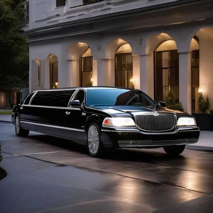 Black stretch limousine outside a luxury venue at dusk