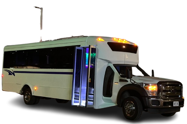 White 30-passenger limo bus for group transportation in Toronto