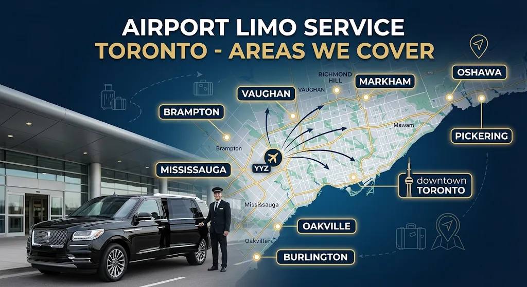 Map showing Toronto airport limo service coverage across the GTA