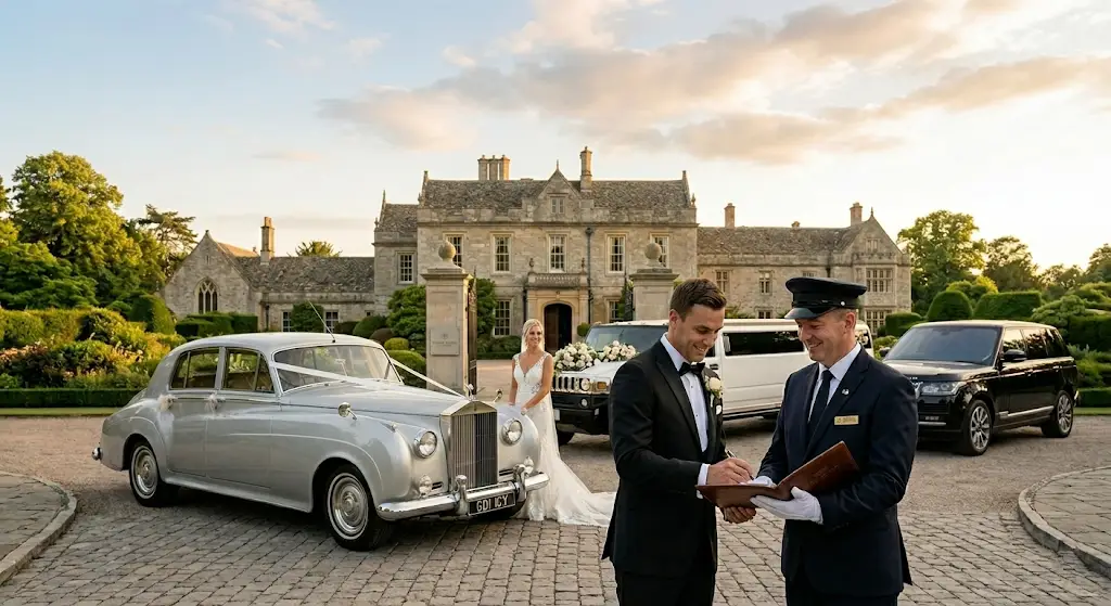 Groom confirming wedding transportation with a chauffeur beside a Rolls-Royce