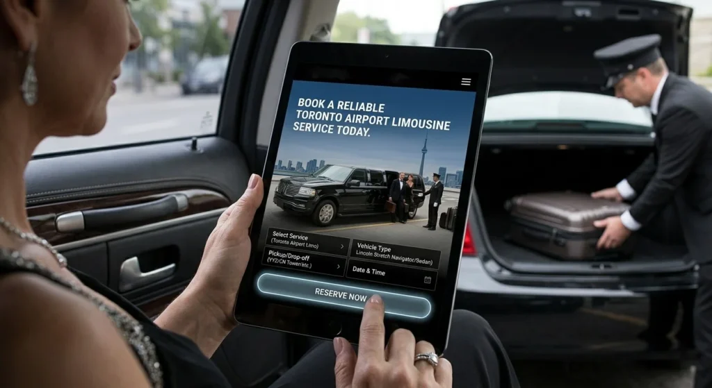 Passenger booking a Toronto airport limousine on a tablet while a chauffeur loads luggage