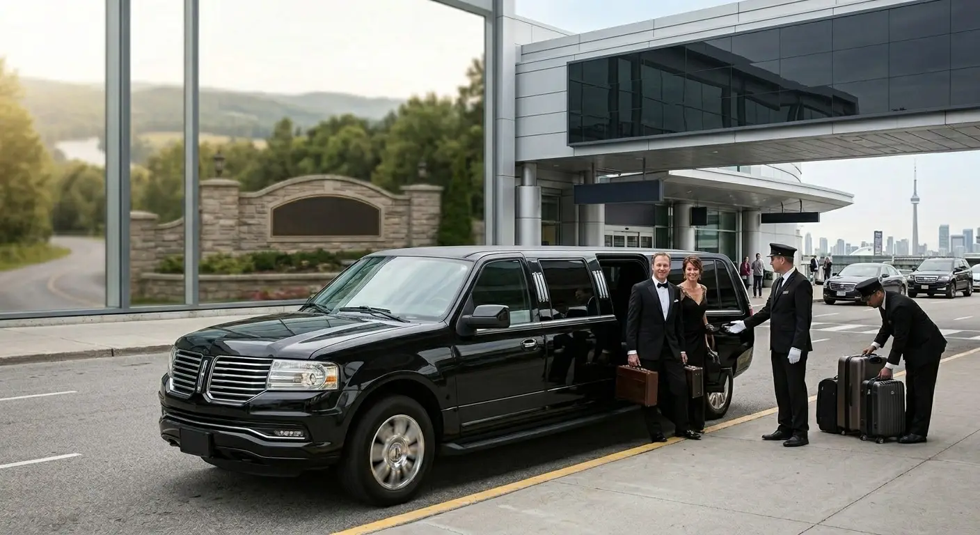 Chauffeurs loading luggage beside a black airport limousine near a Toronto terminal