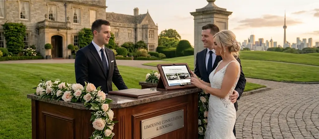 Couple reviewing their wedding limo booking with a transportation coordinator
