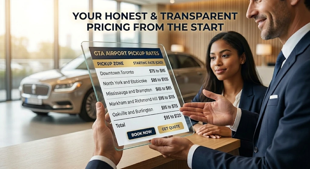 Passenger reviewing GTA airport pickup pricing with a transportation representative