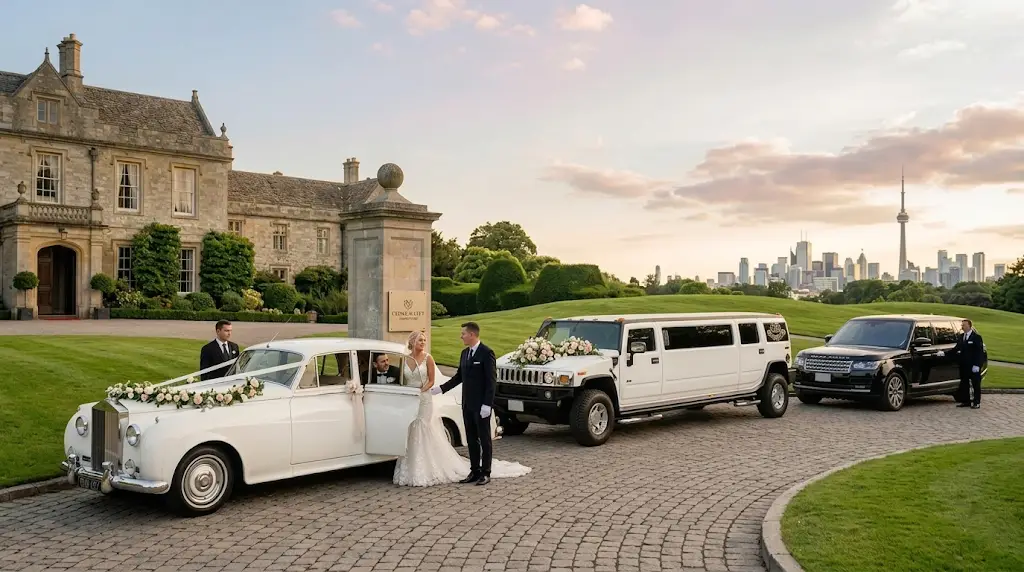 Bride and groom with a white Rolls-Royce, stretch Hummer and luxury SUV