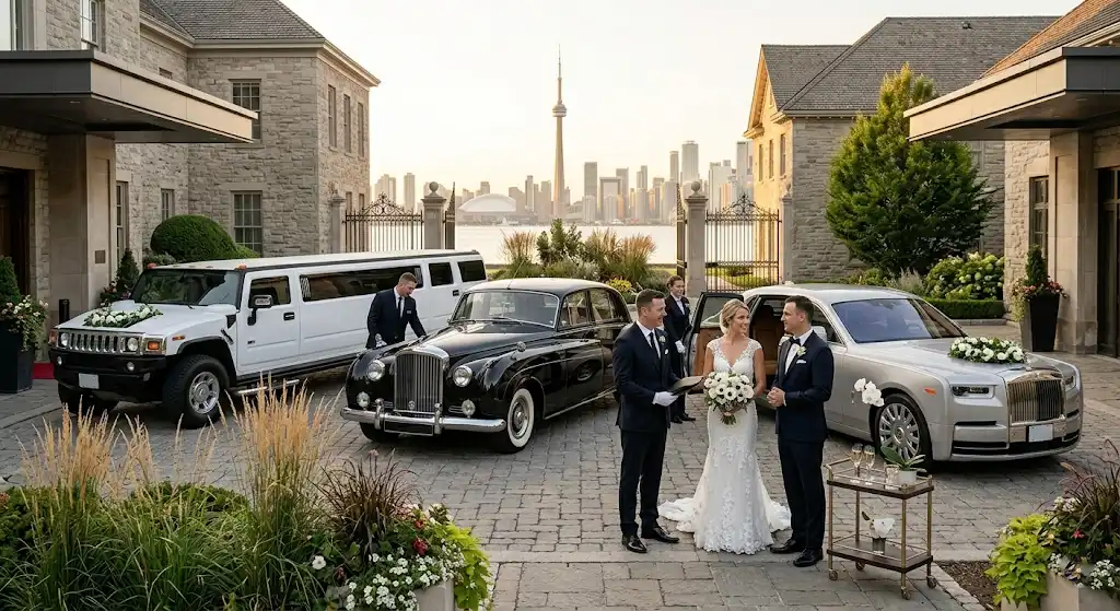 Bride and groom with Rolls-Royce and stretch limousines near the Toronto skyline