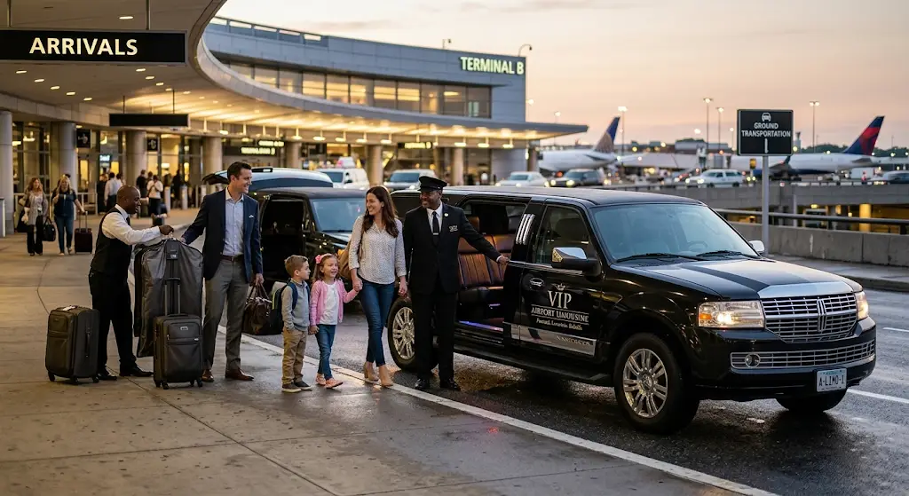 Family meeting a chauffeur beside a black stretch limousine at airport arrivals