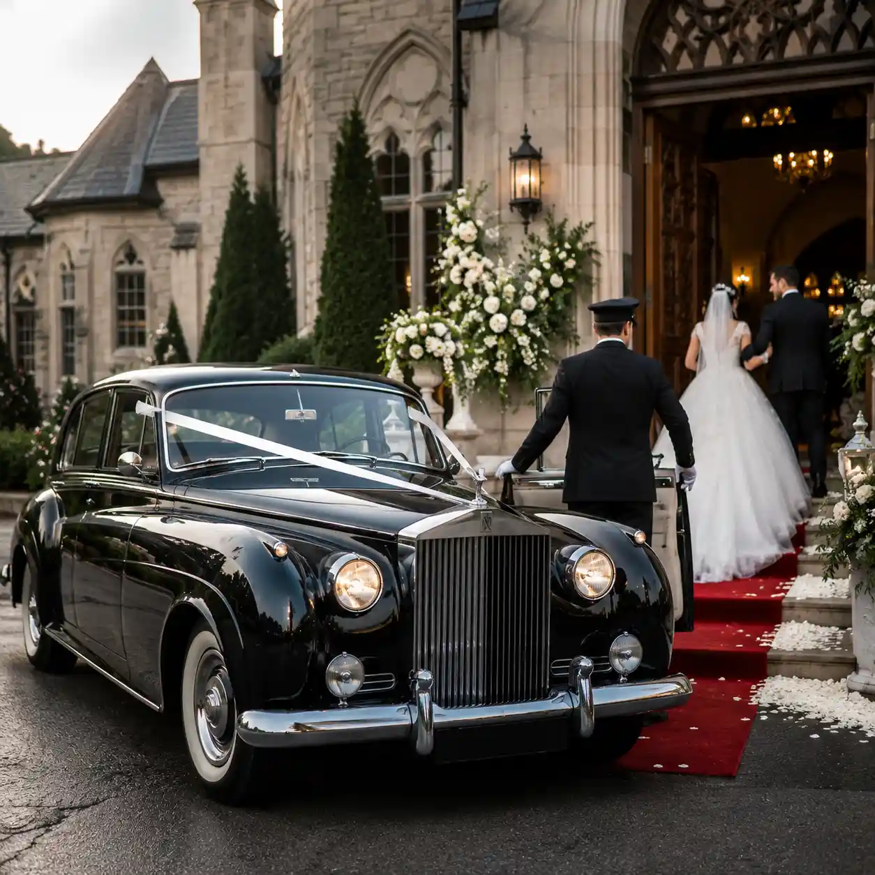 Classic black Rolls-Royce wedding limousine arriving at an elegant wedding venue with a professional chauffeur opening the door as the bride and groom enter the ceremony. Surrounded by floral arrangements and grand stone architecture, the scene reflects luxury wedding transportation and timeless elegance.