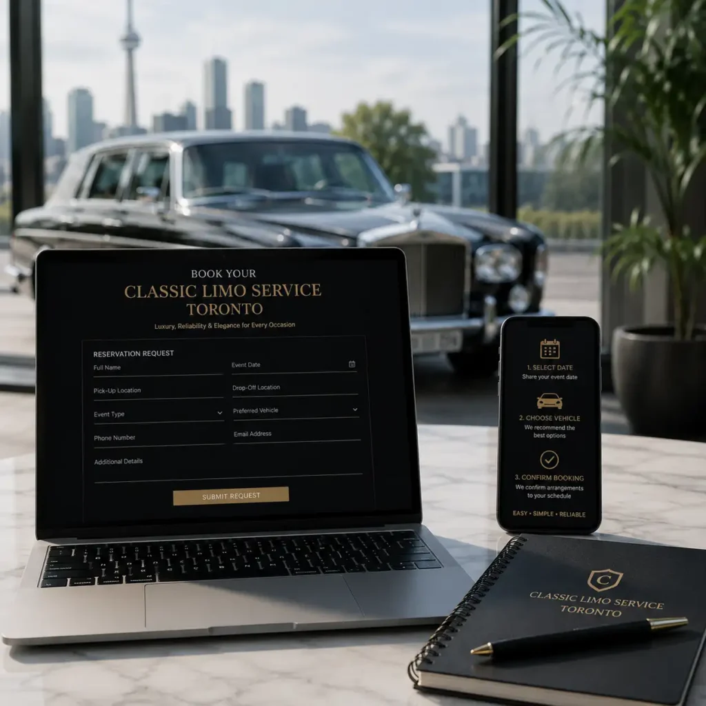 "Luxury classic limousine booking scene with a premium reservation workspace overlooking the Toronto skyline, representing a simple and professional limo booking experience."
