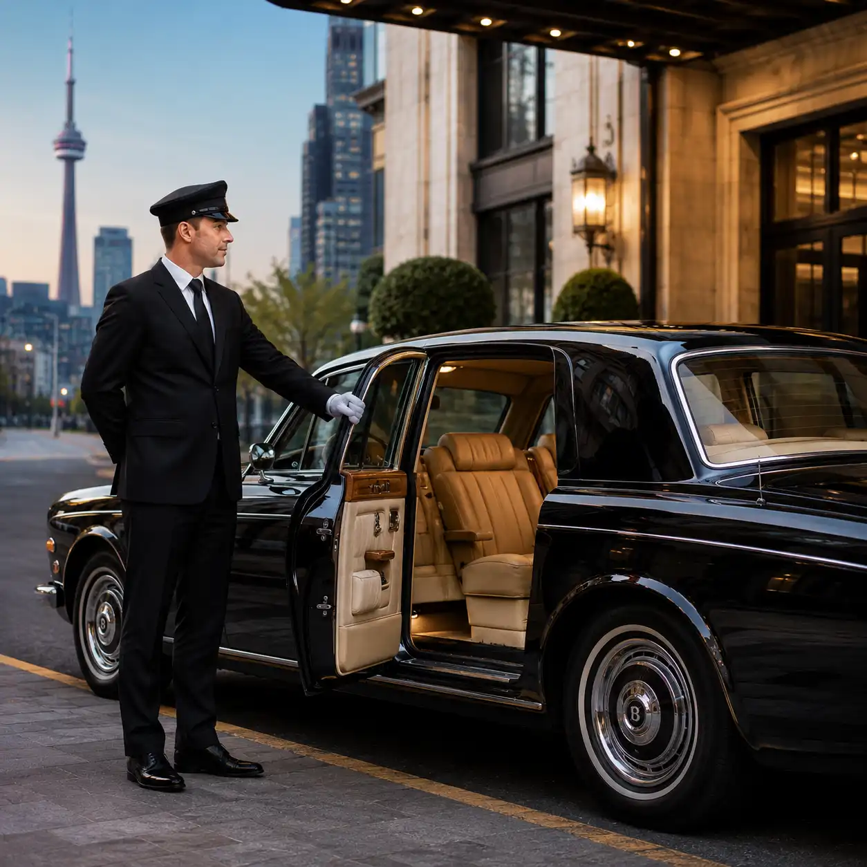 "Professional chauffeur standing beside a polished classic luxury limousine, ready to welcome passengers in a safe, reliable, and elegant transportation setting."