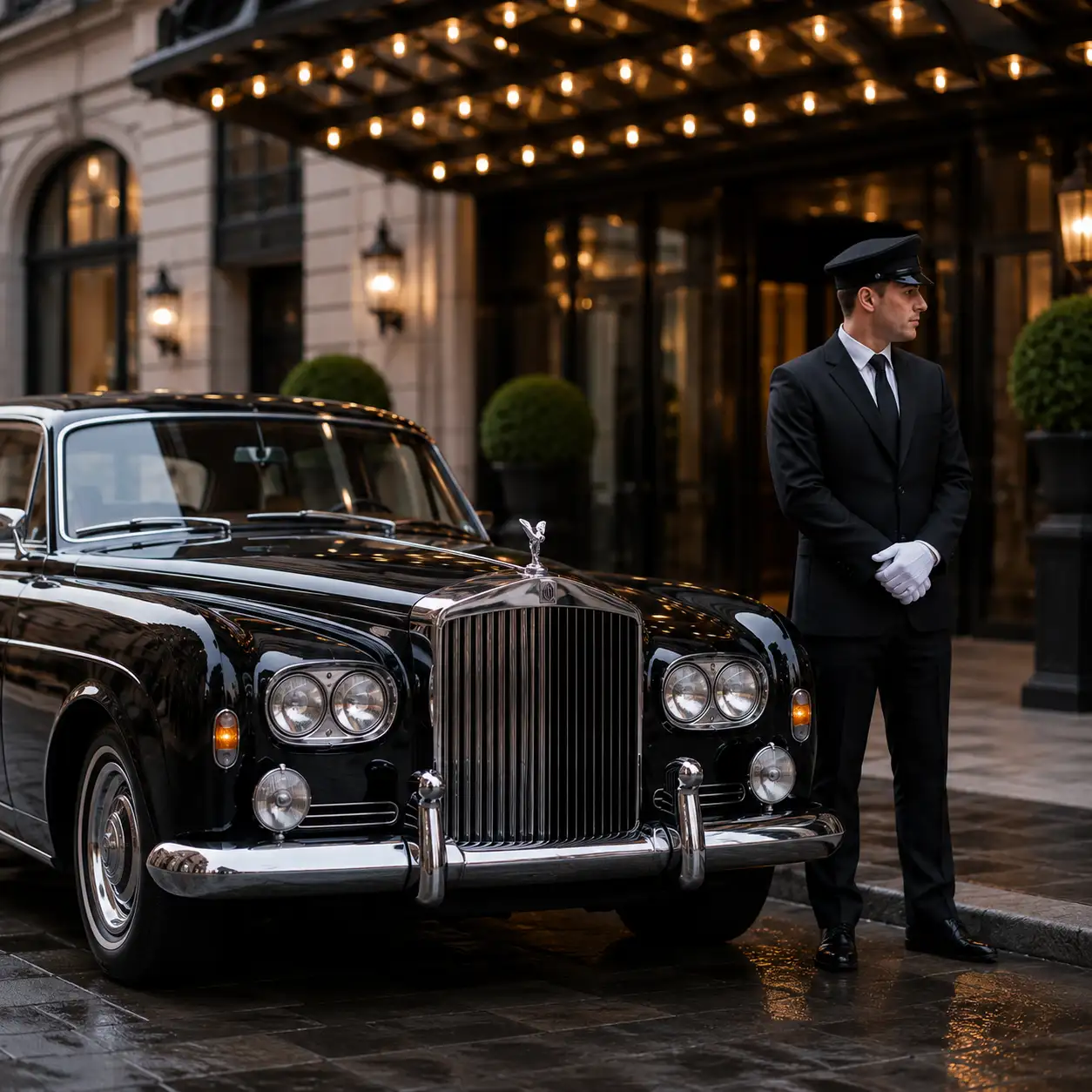 "Classic black luxury limousine parked outside an elegant hotel entrance with warm evening lighting, creating a sophisticated and upscale transportation scene."