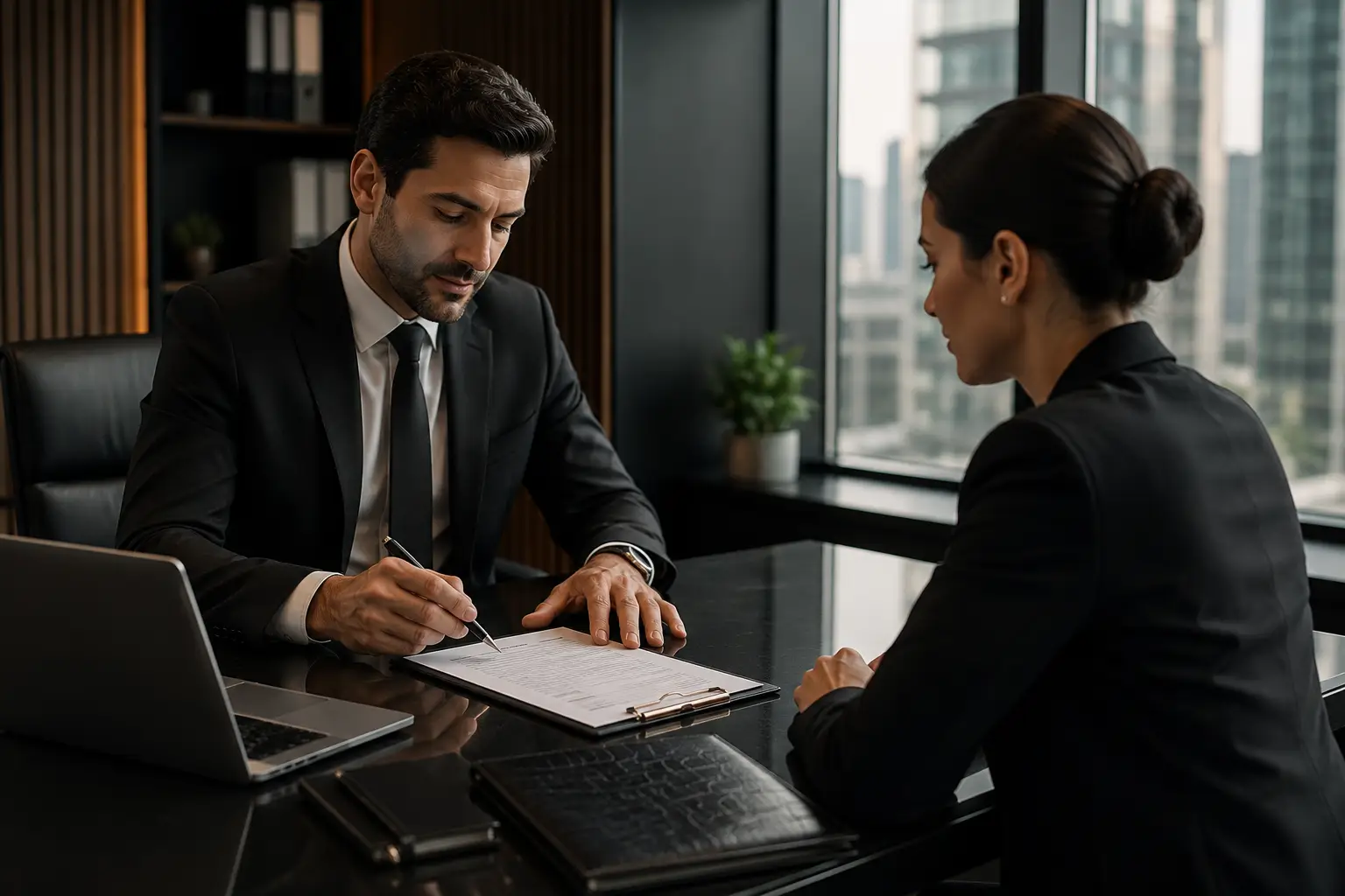 Business professionals reviewing and signing corporate account agreement in modern office