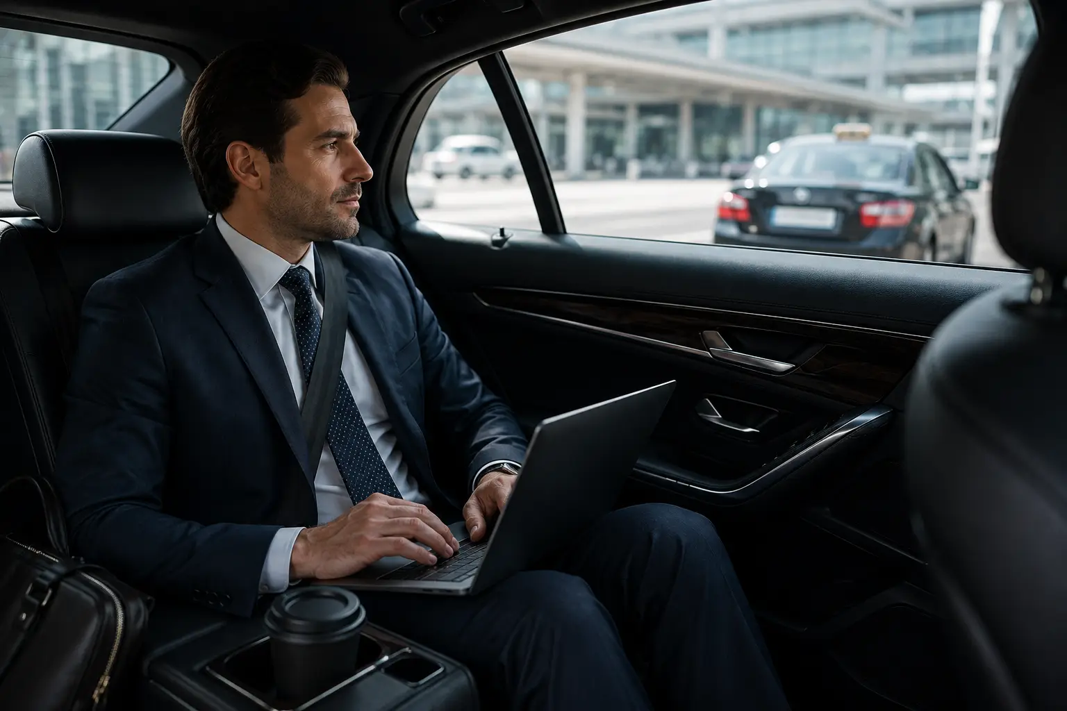Businessman working on laptop in limo backseat near airport terminal, Cedar Valley Limo corporate travel