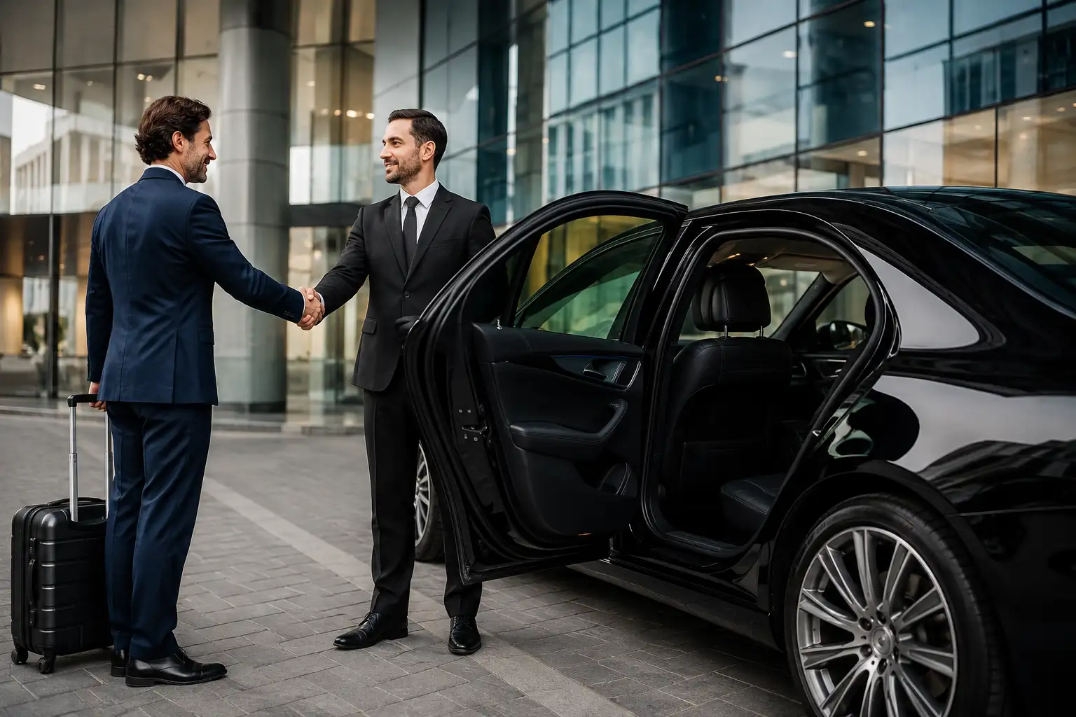 Chauffeur shaking hands with businessman beside open black limo door, licensed corporate limo service Toronto