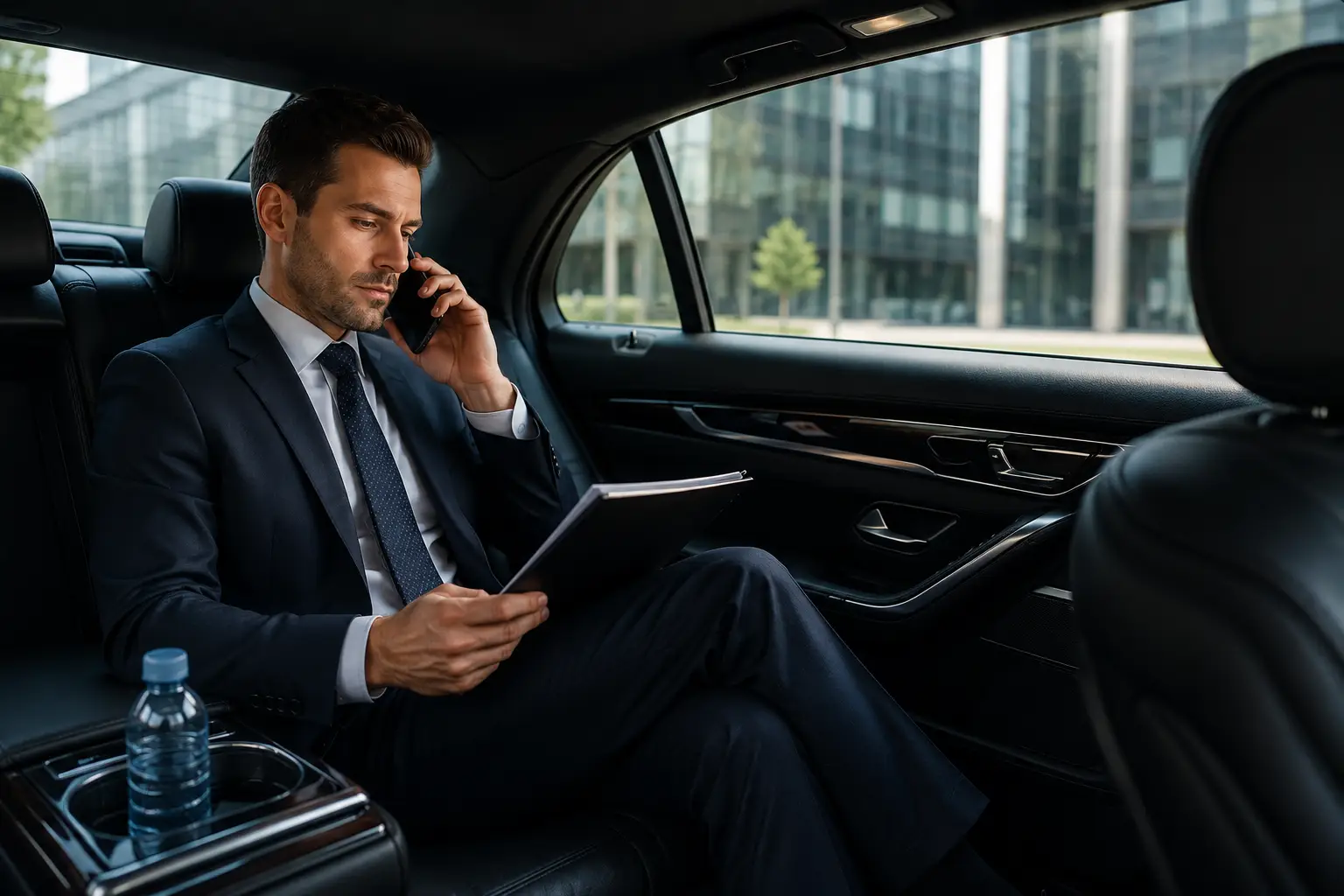 Businessman on phone reviewing documents in black leather limo backseat, limo service for business meetings