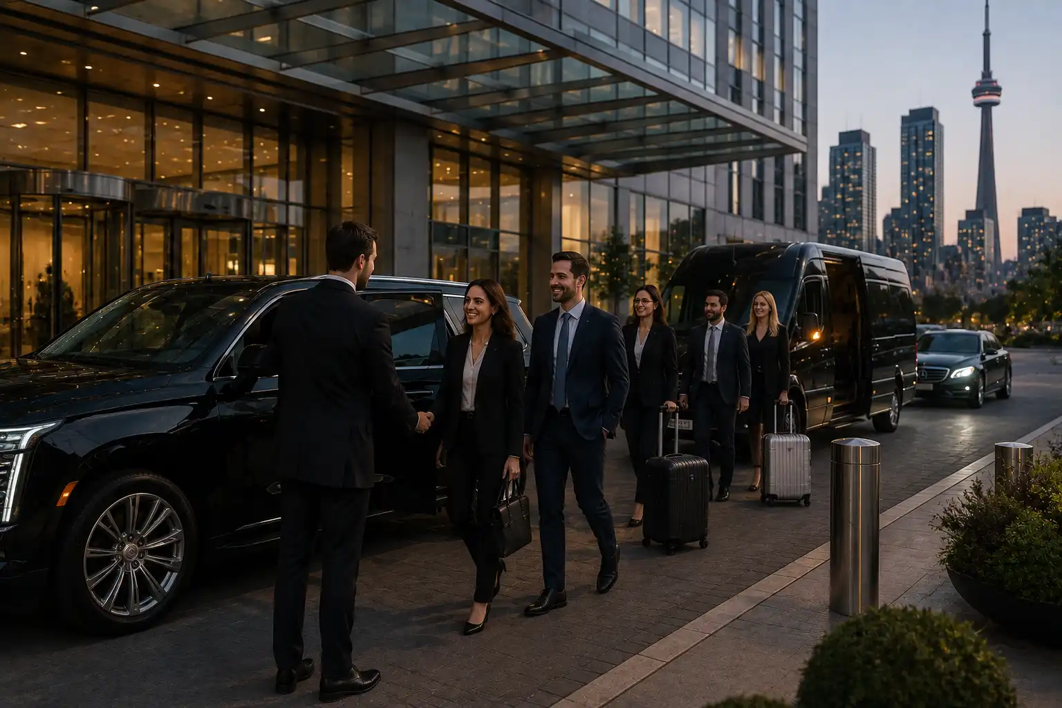 Chauffeur greeting group of business travelers with luggage at SUV and van, Cedar Valley Limo Toronto skyline evening