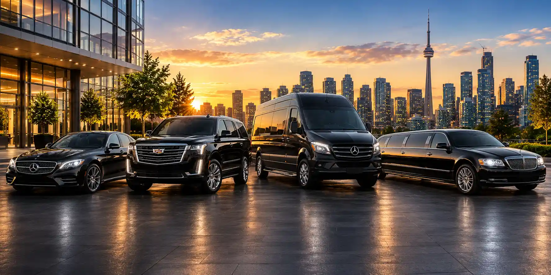 Cedar Valley Limo fleet lineup sedan, SUV, sprinter van, and stretch limo parked in downtown Toronto at sunset with CN Tower skyline