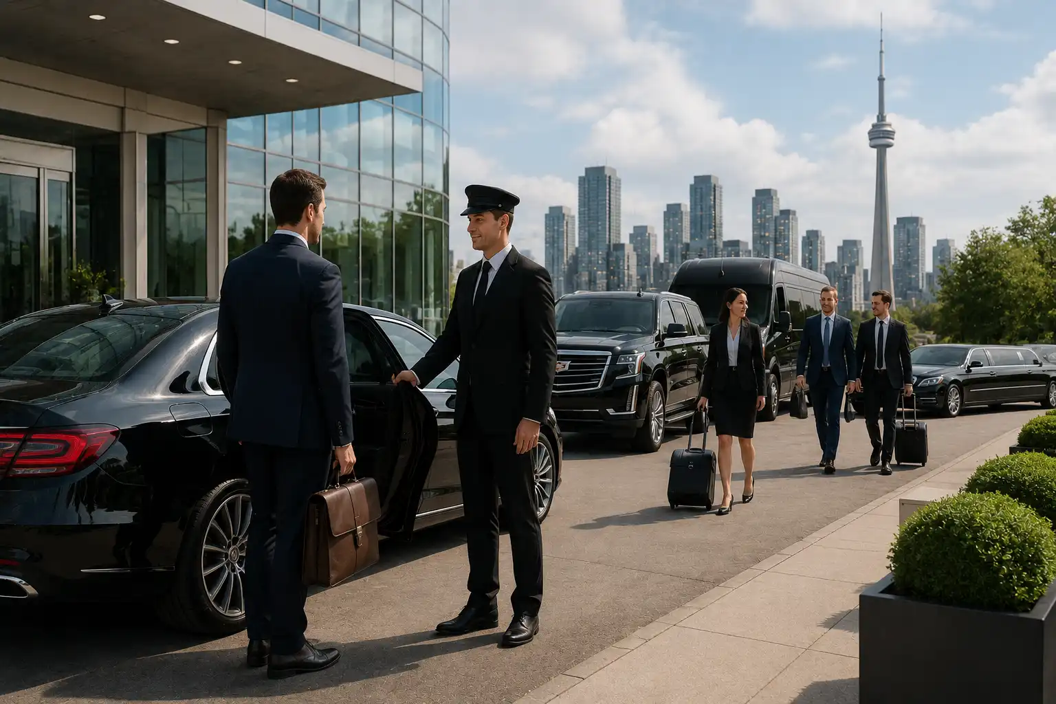 Chauffeur in cap greeting businessman beside limo as corporate travelers with luggage arrive, Cedar Valley Limo Toronto skyline