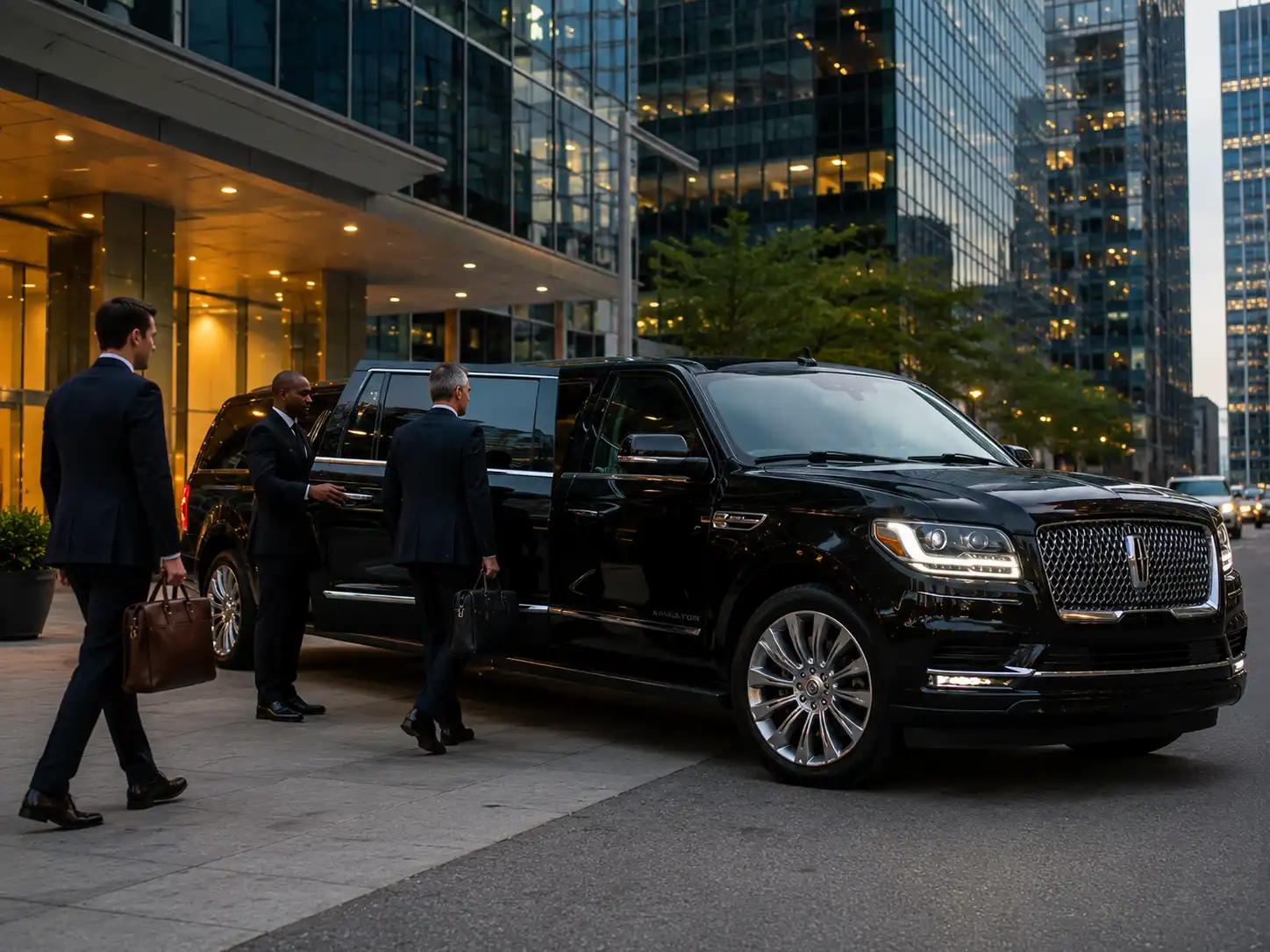 Business executives entering a black Lincoln Navigator SUV limousine in Toronto's financial district.