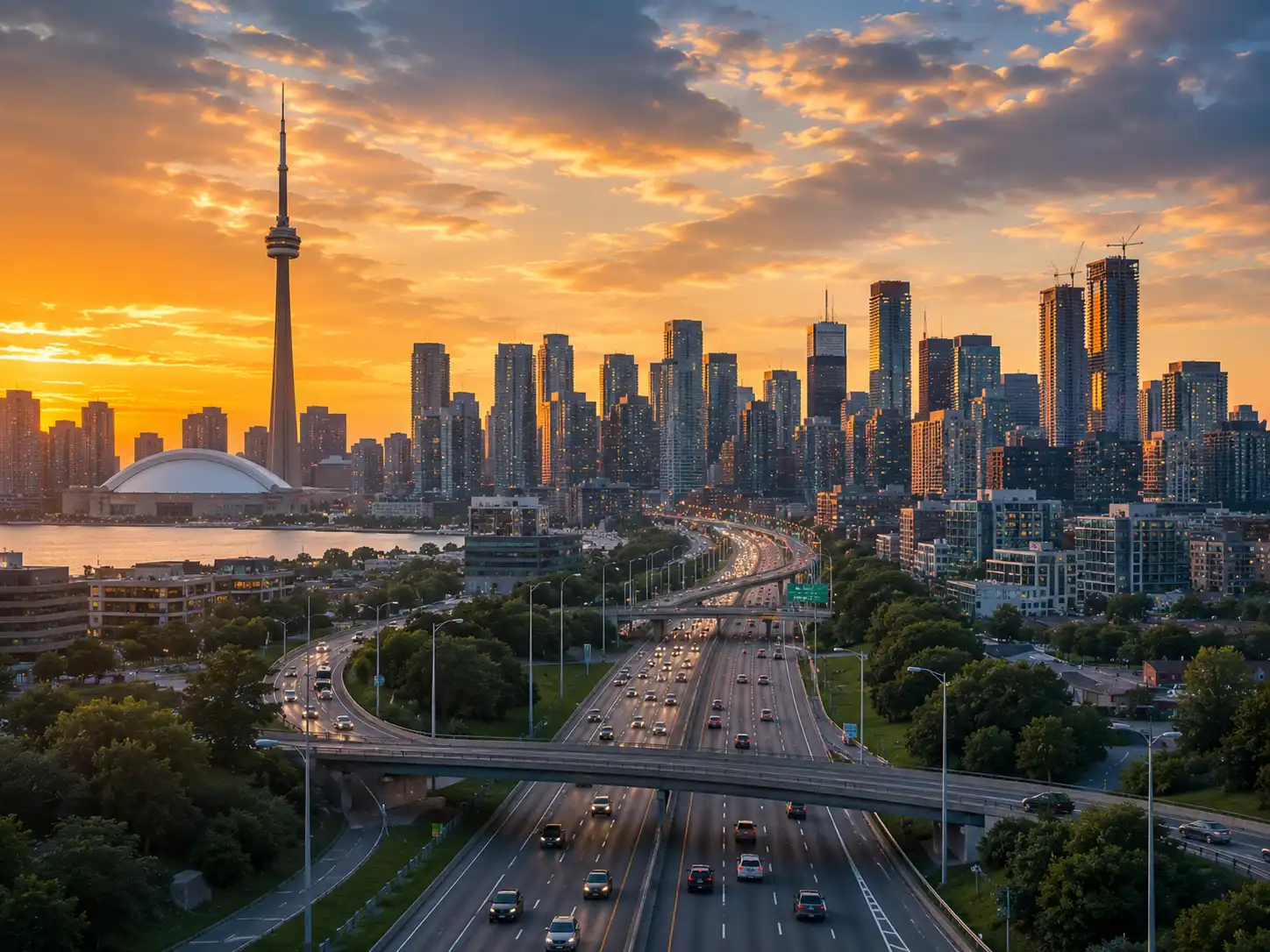 Toronto skyline with the CN Tower and major highways representing SUV limousine service coverage throughout the Greater Toronto Area.