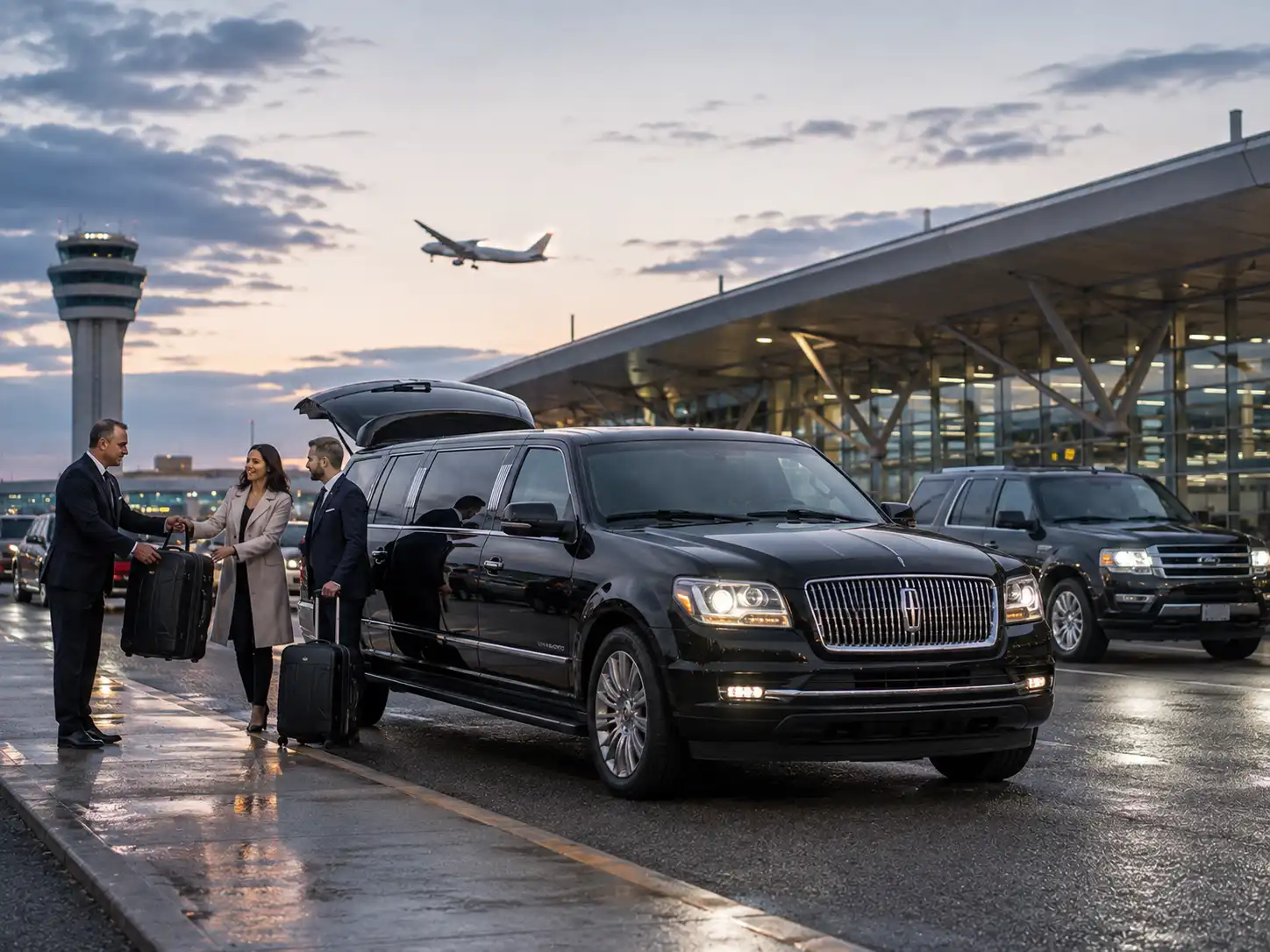 SUV limousine collecting passengers and luggage outside Toronto Pearson International Airport.