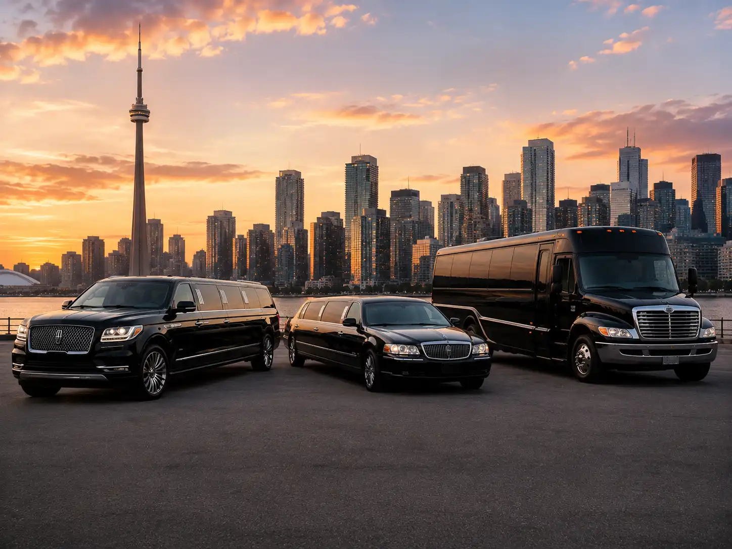 Three black luxury vehicles—a stretch Lincoln Navigator SUV limo, a traditional stretch sedan limo, and a party bus—parked side by side along a waterfront with the Toronto skyline at sunset.