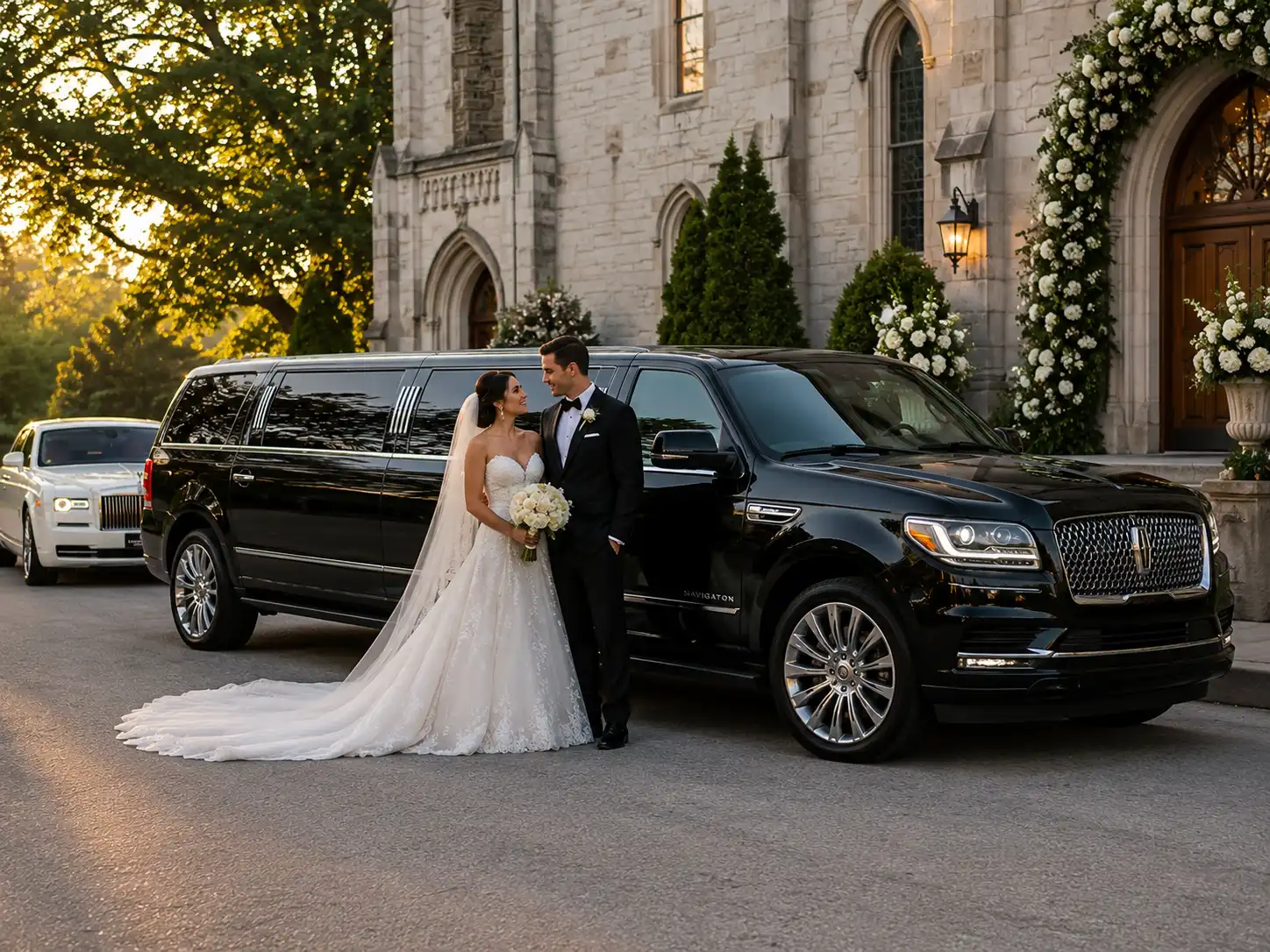 Bride and groom standing beside a black Lincoln Navigator SUV limousine during a wedding ceremony in Toronto.