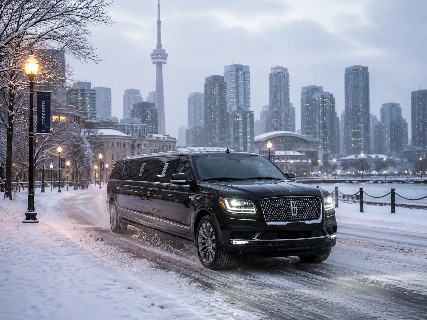 SUV limousine driving safely through snowy Toronto streets during winter conditions.