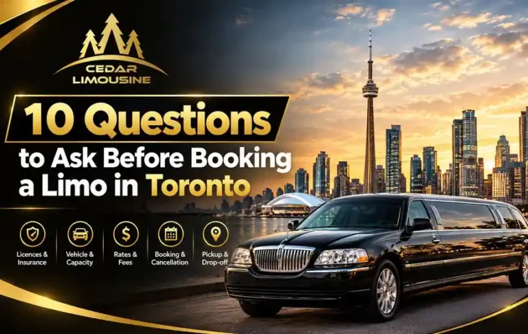 10 questions to ask before booking a limo in Toronto: black stretch limousine with the CN Tower and city skyline at sunset